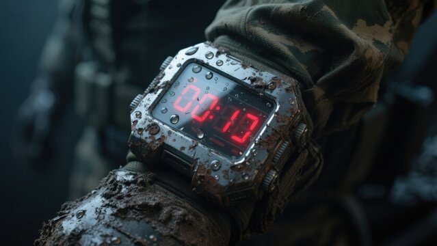 A rugged timer displaying a countdown in a muddy setting.