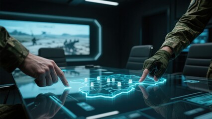 Members analyzing a digital map in a tactical environment.