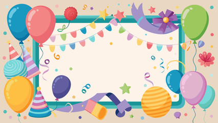 Vector art of a festive birthday party frame adorned with colorful balloons, confetti, banners, and party hats, offering ample copy space for messages