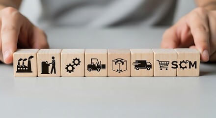 Hands carefully arrange wooden blocks illustrating the supply chain management process, from production to delivery.
