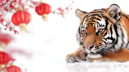 Majestic tiger resting gracefully, surrounded by festive Chinese lanterns and delicate blossoms, evokes sense of celebration