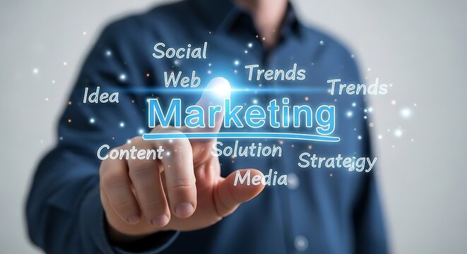 Man interacts with a digital marketing concept, highlighting key aspects like strategy, social media, and trends.
