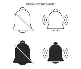 A set of bell icons depicting notification sound states: silent (bell with a strike-through line) and ringing (bell with sound waves), in both outline and solid styles.