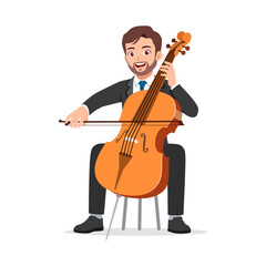 Fototapeta premium A Man Playing Cello and Sitting Down While Smiling in Black Suit, Illustration