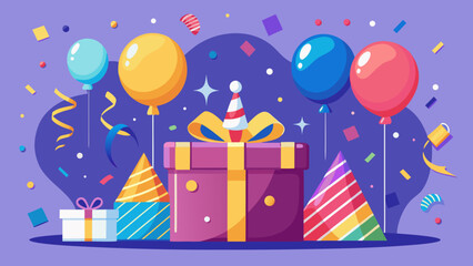 Vector art of a festive birthday arrangement showcases a central gift box topped with a party hat, accompanied by balloons, striped party cones, and scattered confetti