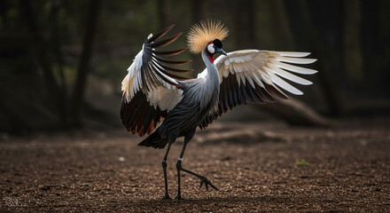 A regal grey crowned crane displaying its wings in a forest setting, showcasing its elegant plumage.