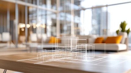 Modern interior design concept featuring 3D architectural model displayed wooden table, showcasing innovative design elements