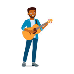 Happy African American Man Playing Guitar with a Smile on White Background Illustration