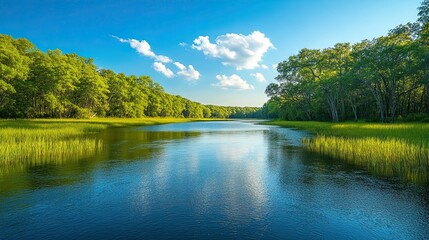 Calm River with Greenery and Blue Sky 