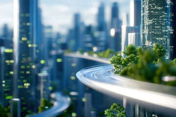 Futuristic urban environment featuring sleek, elevated roadway surrounded by greenery and modern skyscrapers. scene conveys