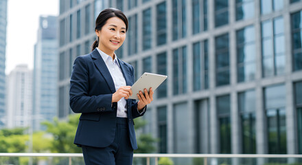 Confident Businesswoman Reviewing Tablet Outdoors