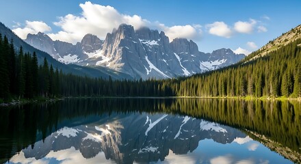 Serene mountain lake reflecting a majestic peak range, surrounded by a dense forest.