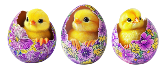 Adorable cute yellow chick emerging from cracked colorful floral eggshell isolated on white transparent background. Symbolizing Easter, spring, and new beginnings