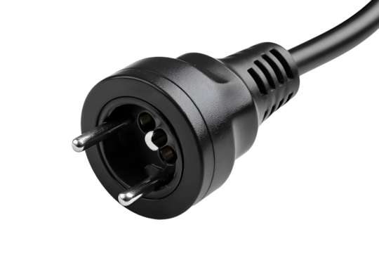 Close-Up of a Black Electrical Plug with Two Metal Prongs on Black