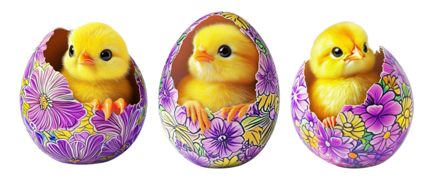 Adorable cute yellow chick emerging from cracked colorful floral eggshell isolated on white transparent background. Symbolizing Easter, spring, and new beginnings - Powered by Adobe