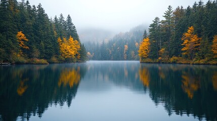 Calm Waters of a Lake Surrounded by Pines 