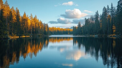 Calm Waters of a Lake Surrounded by Pines 