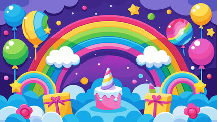 Obraz premium Vector art of a vibrant birthday scene with cute characters, colorful balloons, gifts, and a double rainbow under a starry night sky