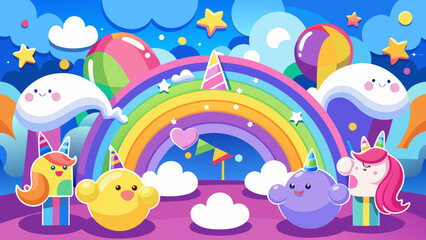 Obraz premium Vector art of a charming birthday scene with adorable unicorn and bird characters, colorful balloons, gifts, and a vibrant rainbow