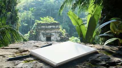 Serene scene featuring ancient ruin in lush jungle, with blank notebook and pen resting on stone surface, inviting creativity