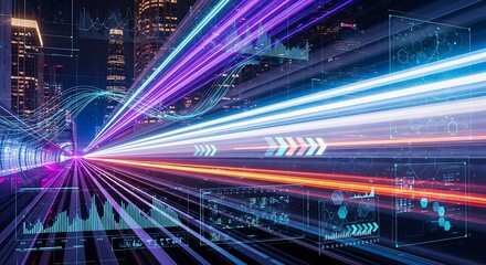 Abstract illustration of data streams and light trails in a city at night.