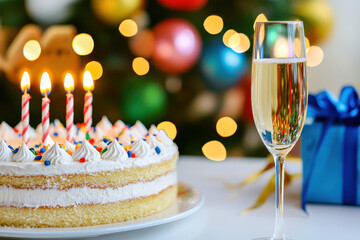 Festive anniversary celebration featuring delicious cake with candles and glass of sparkling drink, creating joyful atmosphere