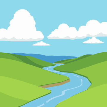 Serene landscape illustration featuring rolling green hills a winding river and fluffy clouds