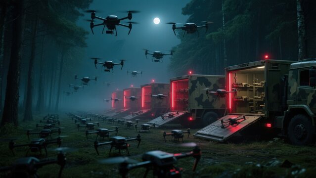 A fleet of military drones deployed in a dense forest.