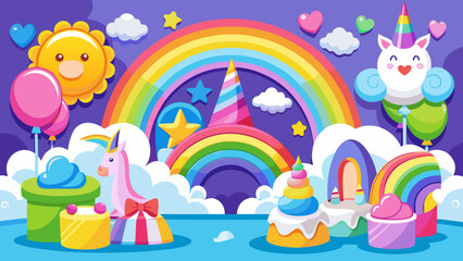 Obraz premium Vector art of a magical birthday party unfolds with a smiling unicorn, colorful cakes, and festive balloons under a vibrant rainbow and starry sky