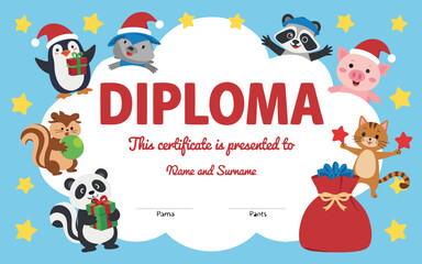 Obraz premium Cartoon Diploma Certificate with Animals Wearing Santa Hats and a Gift Bag on Blue Background
