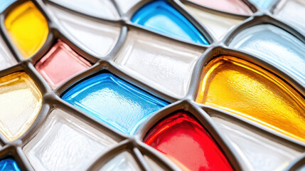 Stained glass detail showcasing vibrant colors and intricate patterns, creating beautiful and artistic design