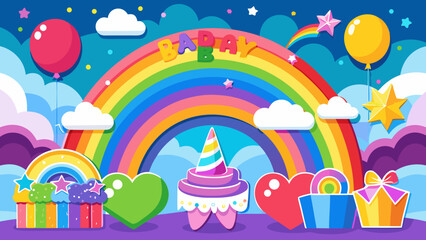 Vector art of a vibrant birthday celebration featuring the word birthday on a rainbow with festive cakes and balloons