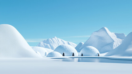 Serene arctic landscape featuring igloos, snow covered mountains, and calm water body reflecting clear blue sky
