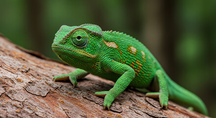Obraz premium A vibrant green chameleon perched on a textured brown tree branch, observing its surroundings with focused eyes.