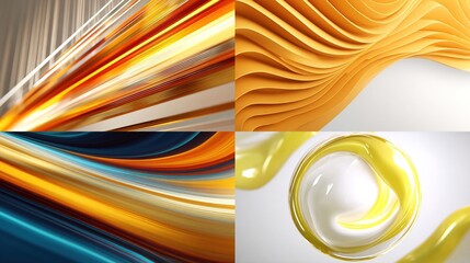 Abstract digital art, four panels with dynamic flowing lines and shapes in warm and cool tones