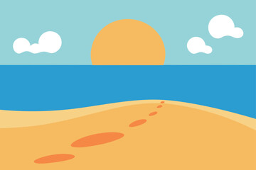 Beach Sunrise with Footprints in the Sand and Waves Vector