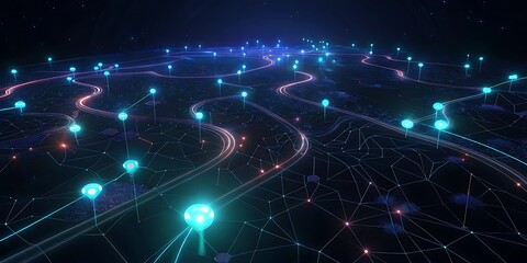 Fototapeta premium A vast digital network of glowing blue nodes and connecting lines in a dark expanse.