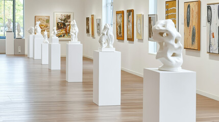 Art gallery showcasing sculptures and paintings, featuring white sculptures on pedestals and colorful artwork on walls