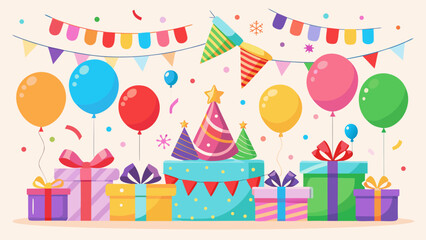 Vector art of a lively birthday celebration scene featuring a cake, gifts, balloons, and colorful party banners