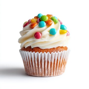A cupcake with white frosting and colorful candy candis