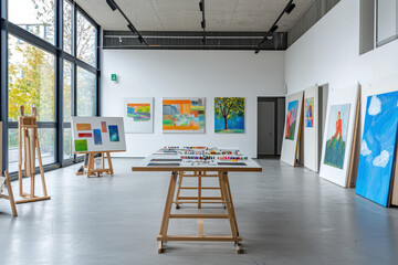 Art gallery showcasing vibrant paintings and creative works, filled with natural light and artistic inspiration