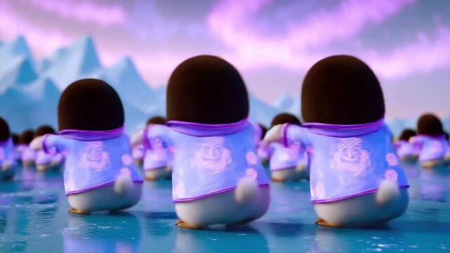 A group of penguins in a group of chinese clothing standing in the water