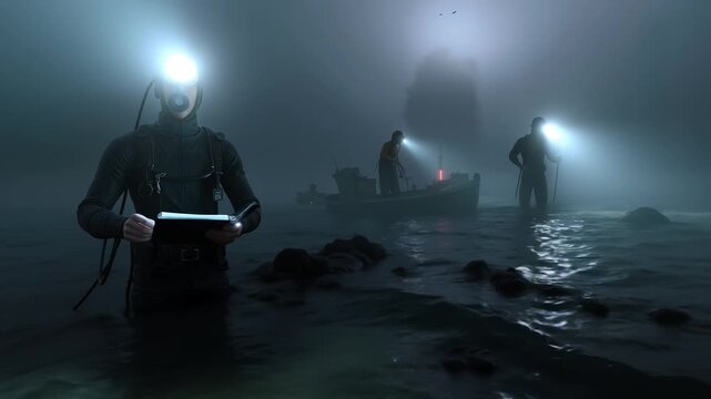 A man in a scuba suit standing in the water with a tablet
