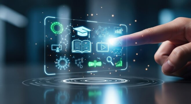 online education technology concept. Digital interface showcasing educational icons and technology interaction.