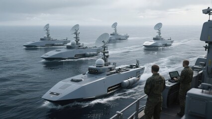 Advanced military drones navigating ocean waters.