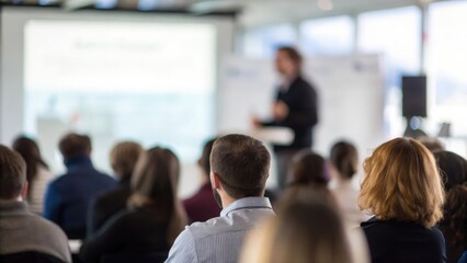 Fototapeta premium Rear View of Presenter with Audience Blur — delivering insight to a focused crowd 