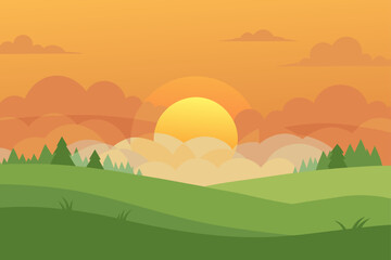 Obraz premium Rural Sunrise with Fog Over Grassy Field and Warm Sky Vector