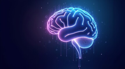 Fototapeta premium Artificial Intelligence Concept with Glowing Brain Structure Formed by Data Streams and Light Particles in Blue and Purple Tones