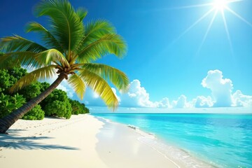 White sand beach, swaying palms, clear blue water , getaway, landscape, tropical beach