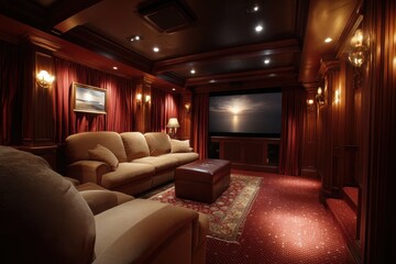Fototapeta premium Cozy home theater with plush seating, dim lighting, and luxurious red accents. Illustrates comfortable entertainment, design, and relaxation for living spaces.